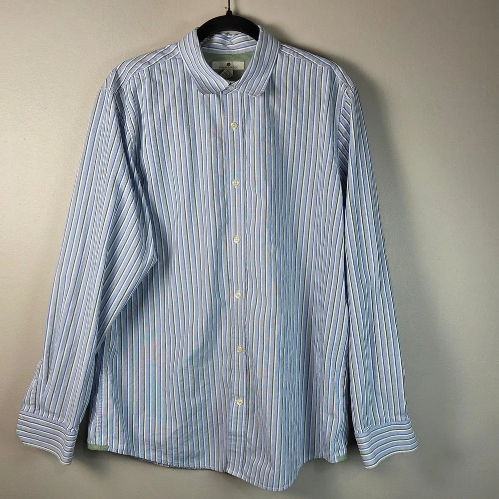 Banana Republic Button Down Mens L Blue Green Excellent Striped Organic Cotton